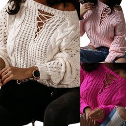 Women's Sweaters Women Autumn Off Shoulder Long Sleeve Sweater Sexy Hollow Crisscross Front Pullover Top Chunky Twist Knitted Loose Solid