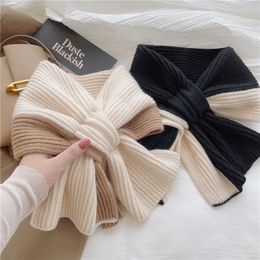 Scarves Korean Style Knitted Scarf For Women Girls Autumn Winter Soft Cross Patchwork Colours Lady Warm Neck Protection 230915