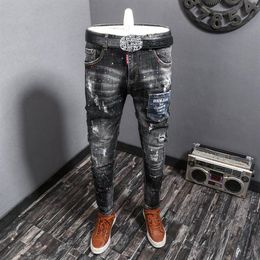 American Streetwear Fashion Men Jeans Retro Grey Elastic Slim Fit Ripped Jeans Painted Designer Hip Hop Denim Long Pants Hombre281E