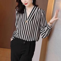 Women's Blouses Fashion Printed V-Neck Button Striped Chiffon Shirt Oversized Casual Tops 2023 Autumn Clothing Office Lady