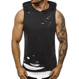 Men's Tank Tops Breathable Men Summer Stylish Double Layer Ripped Sleeveless Vest Sports Hoodie Blouse Sweatshirt With Hood266B