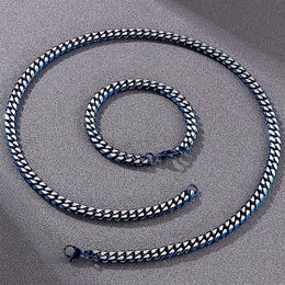 Chains 8MM Cuban Link Curb Chain Necklace & Bracelet Set For Men Golden Blue Stainless Steel Men's Necklaces Bracelets Man Ac219R