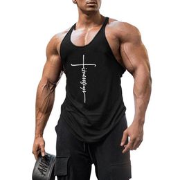 Men's Tank Tops Gym Stringer Top Mens Bodybuilding Clothing Cotton Sleeveless Shirt Man Fitness Vest Singlet Sportwear Workou2957