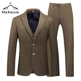 Men's Suits Luxury Dark Khaki Striped Men Classic Formal Party Smart Casual Male Suit 3 Piece Groom Wedding Coat For TZ053