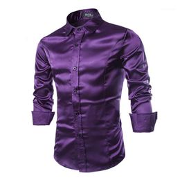 New Silk Satin Shirt Men Chemise Homme 2017 Fashion Mens Slim Fit Long Sleeve Emulation Silk Button Down Dress Shirts RMQ6671290R