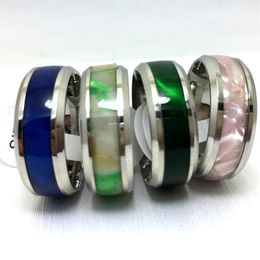 whole 30Pcs 8MM Pink green blue shell 316L acier stainless steel rings Jewellery finger ring comfortable fit279H