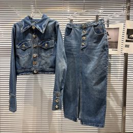 Work Dresses PREPOMP 2023 Autumn Turn Down Collar Metal Buttons Blue Denim Jacket Long Skirt Two Piece Set Women Outfits GG899