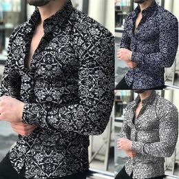 Men's Casual Shirts 2022 Men Dress Shirt Long Sleeve Floral Print Slim Fits Man Designer High Quality Solid Male Clothing Fit240l