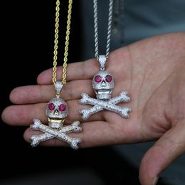 Hip Hop Jewellery Skeleton Head Bone Pendant Necklace Iced Out Full Zircon Gold Silver Plated Bling Necklace