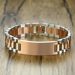 Gents Two-Tone Rose Gold Tone President-Style with ID Tag Plate Link Watch Band Bracelet Inspiration Engravable Men Jewelry211L