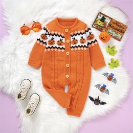 Rompers 2023 07 07 Lioraitiin 0 24M Infant Baby Boy Girl Knit Sweater Halloween Pumpkin Print Button Long Sleeve Jumpsuit 230915