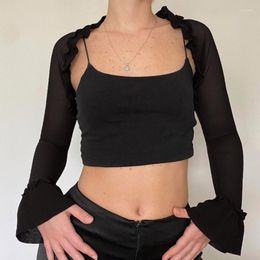 Women's T Shirts Womens Open Front Cardigan Long Sleeve Shrugs Ruffle Mesh Crop Top Outerwear