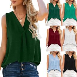 Women's Blouses Summer Solid V-Neck Temperament Commuting Fashion Straight Sleeve Spring Pullover Chiffon Top Sleeveless Tank For Women