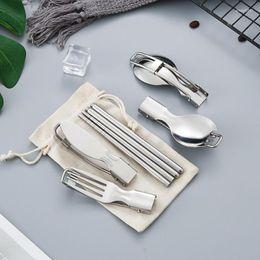 Dinnerware Sets 5pcs Folding Cutlery Set 304 Stainless Steel Knife Fork Spoon Chopsticks Tableware Portable Outdoor Camping Flatware