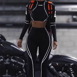 Women Fitness Sport Two Pieces Set Letter Print Turtleneck Top Leggings Striped Patchwork Fashion 2 Pcs Tracksuits198f