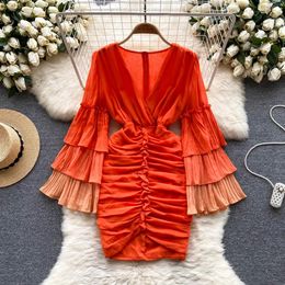 Casual Dresses New Wrap Hip Pleated Short Dresses 2023 Women V Neck Multi-layer Ruffled Long Flare Sleeved Slim Clothes Vestido Fe3385