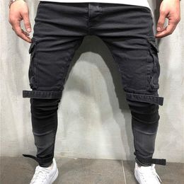 Patchwork Denim Jeans Men Pencil Pants Slim Fit Biker Skinny Jeans Casual Jogger Big Side Pocket Hip Hop Black Cargo Trousers267w