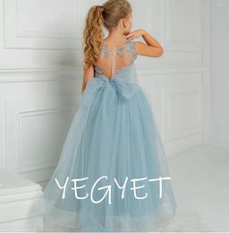 Girl Dresses Blue Cute Flower A-Line Tulle Bow Back O Neck Sleeveless Floor Length Illusion Wedding Party Dress