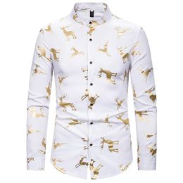 Whole-Men's Mandarin Collar Dress Shirts Hipster Gold Elk Foil Print Christmas Shirt Men Slim Fit Long Sleeve Tuxedo Shir2494