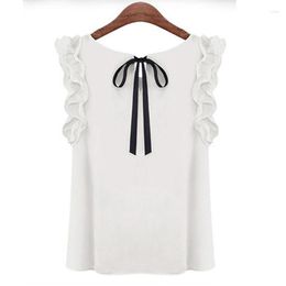 Women's Blouses Women Blouse Tops Summer Fashion Lotus Leaf O-Neck Casual Shirt Ladies Bow Tie Chiffon White 2023