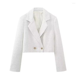 Women's Suits Autumn 2023 Women Long Sleeve Double Breasted Textured Cropped Casual Blazer Coat