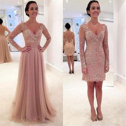 2019 Deep V Neck Mother Off Bride Dresses Long Sleeves A Line Lace Applique Detachable Skirt Cocktail Prom Party Evening Wedding G252W