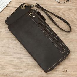 Wallets Genuine Leather Zipper Phone Walelt Men Women Unisex Clutches Purse With Wrist Belt Long Ladies Hand Purses