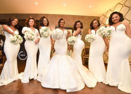 Ivory African Mermaid Bridesmaid Dresses 2023 Spaghetti Appliques Beads Pearls Sweep Train Garden Country Wedding Guest Gowns Maid Of Honor