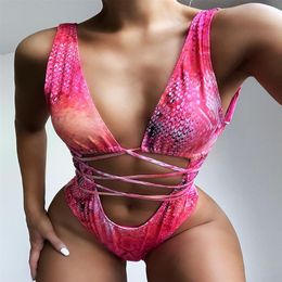 Summer Deep V Swimsuits Digital Printed Sexy Sepentine One Piece Swimwear New Arrival 4 Colors245B