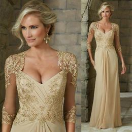 Champagne Lace Mother of the Bride Dresses Floor Length Pleats Beaded Applique Party Dress 3 4 Long Sleeve Chiffon Wedding Guest G211s