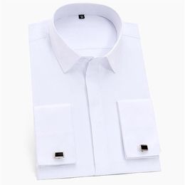 Men's Classic Hidden Buttons French Cuff Solid Dress Shirt Formal Business Standard Fit Long Sleeve Shirts With Cufflinks220H