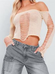 Women's Blouses Women Autumn Tops Off-shoulder Long Sleeve Ripped Knitted Crop Top Casual Sexy Fashion Blouse Shirts Streetwear