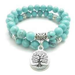 SN0643 Tree of Life Jewellery Yoga Mala Bracelet Turquoise Healing Protection Elastic Beaded Stacking Bracelet Spiritual Jewelry227D