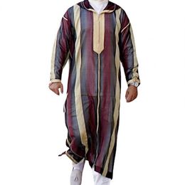 Men's Casual Shirts Muslims Men Robe Striped Print Hooded Long Sleeve Lapel Male Traditional Clothing Plus Size Loose Kaftan 163R