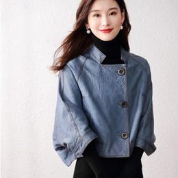 Women's Leather Retro Biker Genuine Jacket Women Korean Short Sheepskin Loose Trench Coat Luxury Batwing Sleeve Outerwear Female
