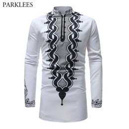 Men's African Printed White Dashiki Shirt New Slim Fit Mandarin Collar Dress Shirts Men Long Sleeve African Clothing2517