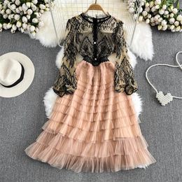 Casual Dresses 2023 Summer Round Neck Lace Stitching Mesh A-line Dress High Waist Puff Sleeve Dresses Vestidos Elegant Mid-Length 222f