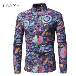 Laamei Long Sleeved Printed Shirts Men Dress Slim Fit Spring Autumn Africa Style Big Size Shirts Turn-Down Hawaiian Shirt1206R