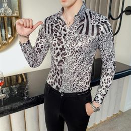 Flower Shirt Luxury Leopard Print Shirt Men Long Sleeve DJ Singer Camisa Homem Prom Camisa Masculina Party Club Men267O