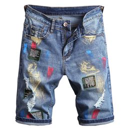 Mens Fashion Embroidery Jeans Colored Painted Denim Shorts Summer Holes Ripped Slim Straight Male Pants275l
