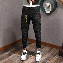 Fashion Streetwear Men Jeans Slim Fit Black Elastic Ripped Jeans Men Japanese Patches Designer Denim Pants Hip Hop Homme1251u