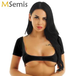 Bras Sets Women Sexy Sheer Mesh Summer Mini T-Shirt Tops Short Sleeve Open Chest Crop Top Club See Through Pole Dance Tanks Street274i