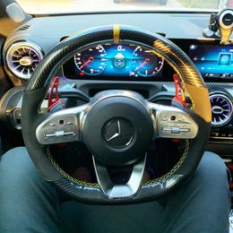 Fashion 5D Carbon Fiber&Suede Leather Yellow Marker Steering Wheel Hand Sewing Wrap Cover Fit for Mercedes-Benz A-Class W177 2018-239G