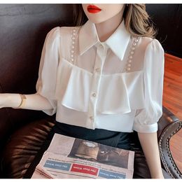 New women's fashion design turn down collar beading chains patchwork puff half sleeve chiffon blouse shirt plus size tops SML2602