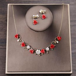 Necklace Earrings Set Fashion Gold Wedding Red Rose Flower Crystal Clips Sets For Women Bridal Accessories Gift