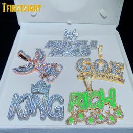 Pendant Necklaces Iced Out Bling CZ Letter Hustle Hard Rich Lucky Pendant Necklace 5A Zircon Badge Fluorescence Charm Men Hip Hop Jewelry 230915