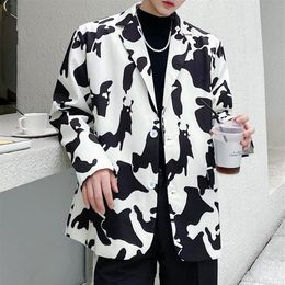 Autumn Men Vintage Black White Print Casual Suit Blazers Coat Male Streetwear Hip Hop Cow Printed Loose Overcoat Men's Suits 289h