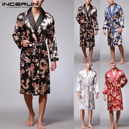 Men's Sleepwear Ethnic Mens Robe Long Sleeves Bathrobe Silk Kimono Chinese Lucky Dragon Print Pajamas Night Dressing Gown Mas2497