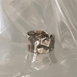 925 Sterling Silver Retro Dark Fold Bumpy Texture Wide Face Metal Ring Hip Hop Style Trend Boutique Fashion Jewelry173C