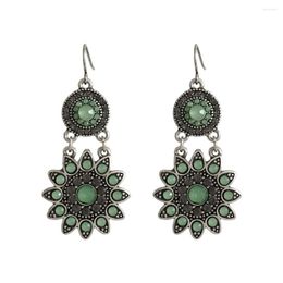 Dangle Earrings Bohemia Antique Rhodium Colour Mint Stone Decorated Drop For Women Girl Elegant Vintage Chic Chunky Jewellery